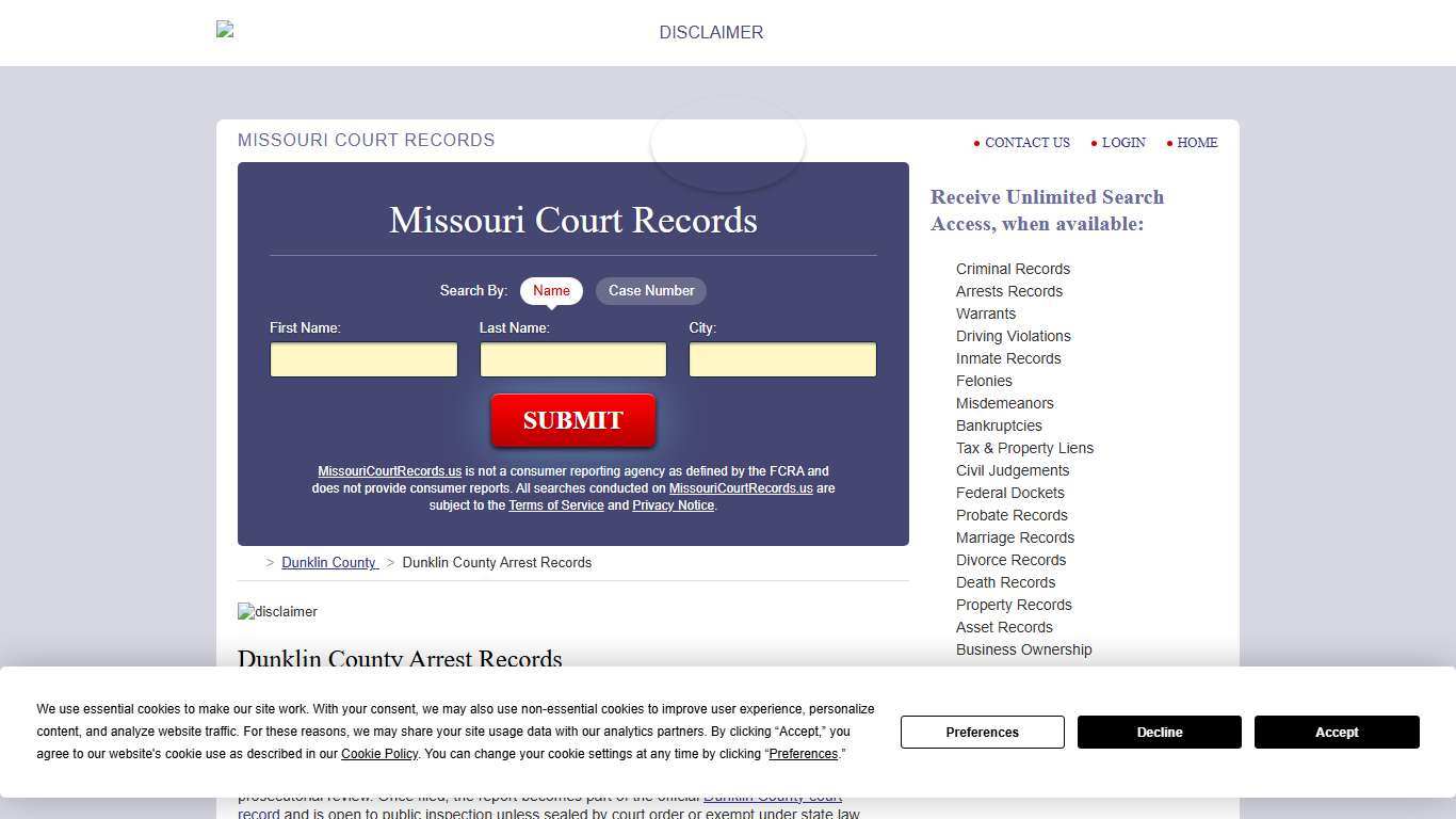 Dunklin County Arrest Records MissouriCourtRecords.us