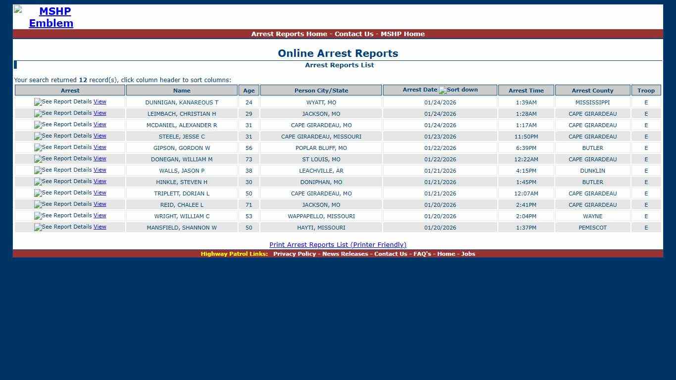 Missouri State Highway Patrol - Arrest Reports List