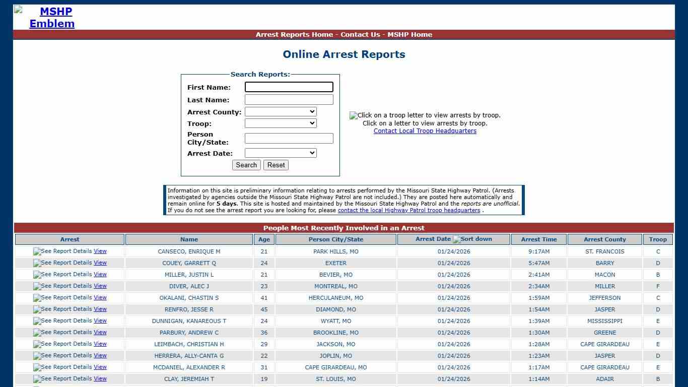 Missouri State Highway Patrol - Arrest Reports